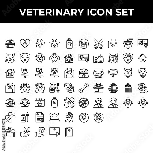 veterinary icon set include carrier, love, paw, clinic, shampoo, cat, dong, stethoscope, medic, house, animal lover, pet, calendar, medication, flee, paper, poop, pin, pet clinic, pet lover