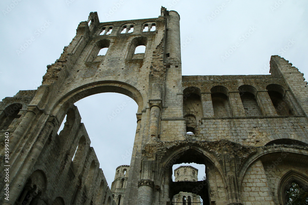 The remains of the cloister in Jumiéges in Normandy in France. 