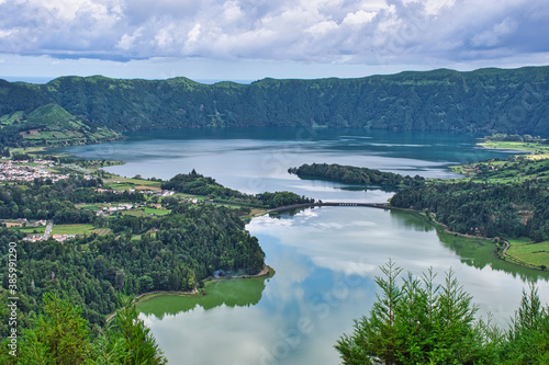 Sete Cidades on Sao Miguel is a small town in a volcanic crater with a big crater lake
