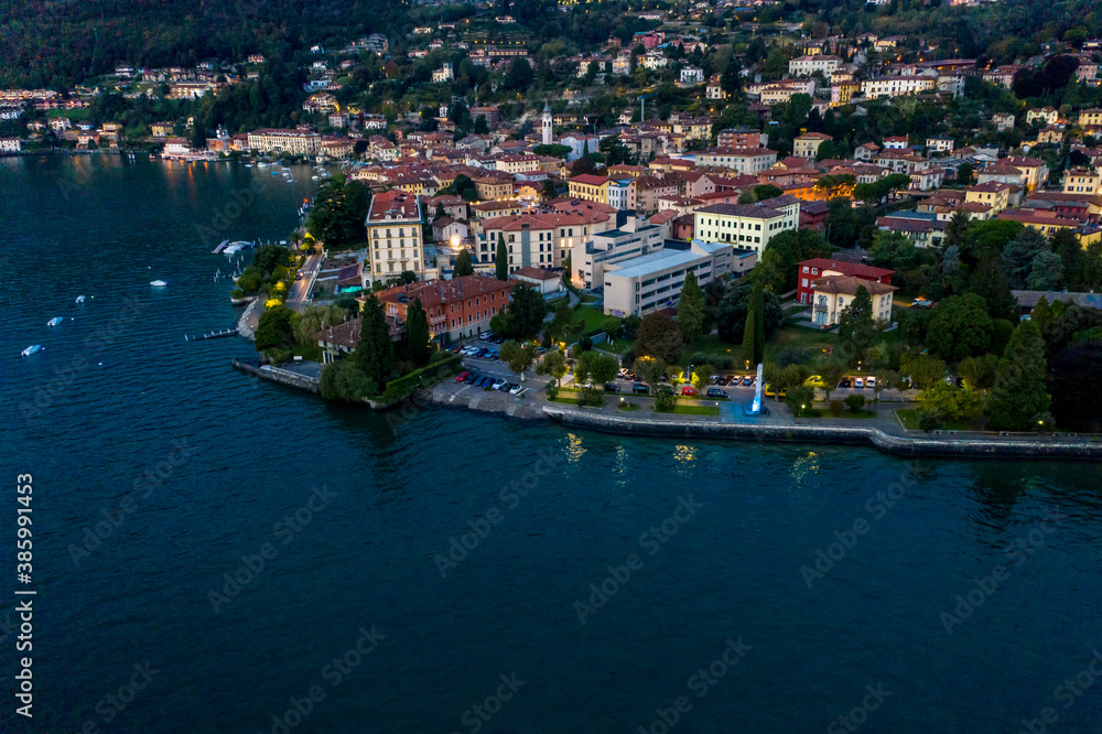 Aerial view, Menaggio in the morning, Lake Como, Province of Como, Lombardy, Italy