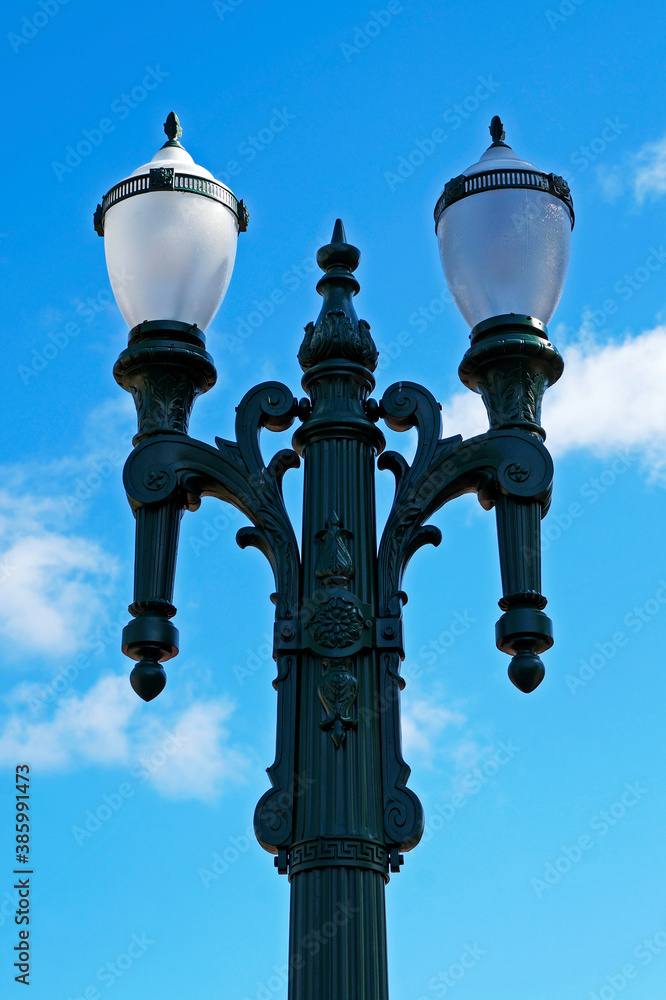Antique street lamp against a blue sky, Belo Horizonte, Brazil