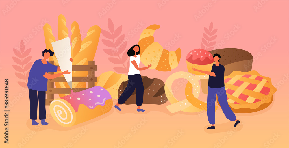 Fototapeta premium Abstract bakery concept with tiny people baking and cooking homemade bread and wide choice of fresh baked and pastry production. Flat cartoon vector Illustration
