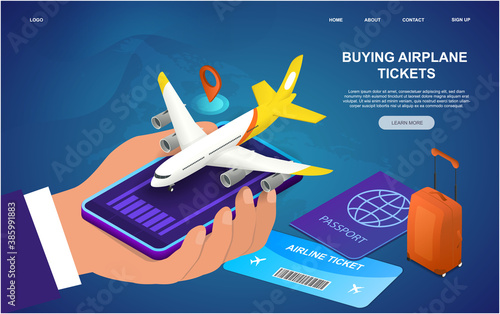 Abstract flight booking service concept with man holding smartphone and buying tickets for travel by aircraft. Modern isometric vector illustration for airline advertisement. Website template