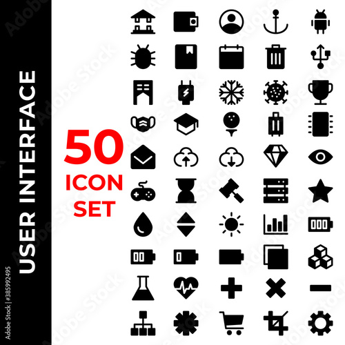 user interface icons set include bank, wallet, account, anchor, android, bug, book, calendar, trash, home, power, snow, virus, trophy, masks, school, game, luggage, microchip, message, upload