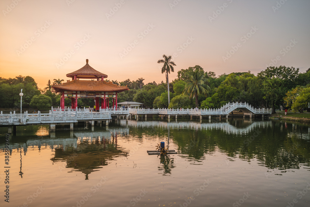 Naklejka premium nianci pavilion of Tainan park in Tainan, Taiwan. the translation of the chinese text is nianci pavilion