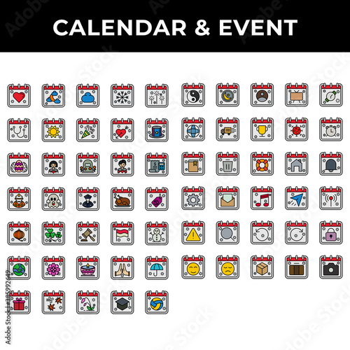 icon set calendar and event include love, islam, cloud, snow, firework, stethoscope, sun, new year, valentine, presidents, easter, mothers, day, memorial, fathers, tax, labor, halloween, veteran