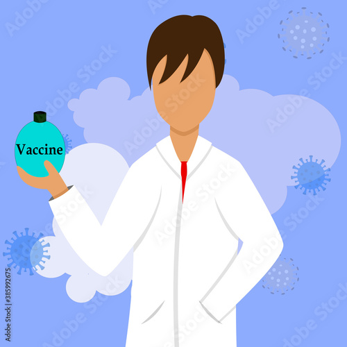 Doctor with vaccine in hand. Stop covid-19. A man in a white coat is holding a vaccine. Vaccine against infection. Vector illustration