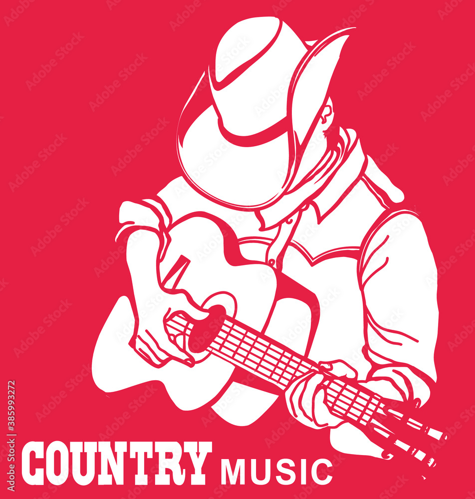 Plakat Man in american cowboy hat playing acoustic guitar. Vector country music graphic illustration isolated on white with text for design