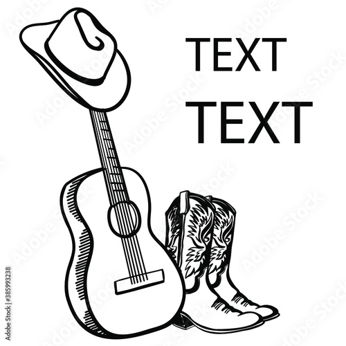 Country music poster. Acoustic guitar and Cowboy hat and boots on fence. Vector Western graphic image background for text or design
