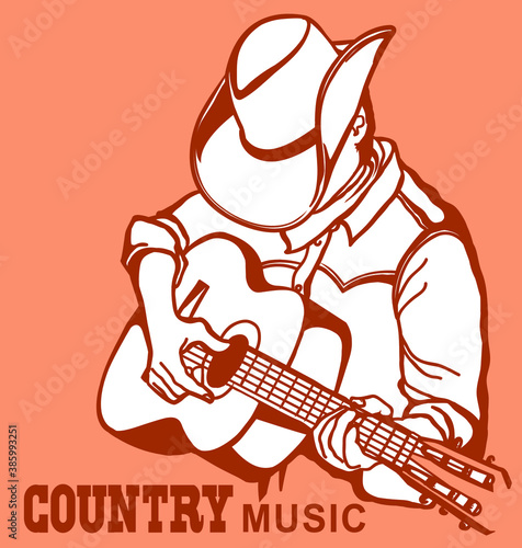Man in american cowboy hat playing acoustic guitar. Vector country music graphic illustration isolated on white with text for design
