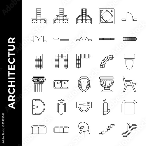 architecture icon set includepad, footing, structure, stepped, sloped, column, concrete, single, door, double, sliding, bifold, window, ventilation, stair, walk, step, u stair, l stair, curved
