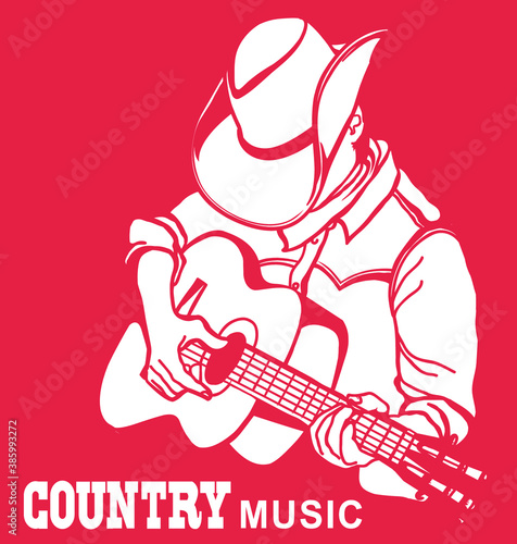 Man in american cowboy hat playing acoustic guitar. Vector country music graphic illustration isolated on white with text for design