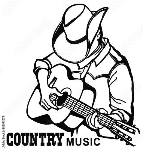 Man in american cowboy hat playing acoustic guitar. Vector country music graphic illustration isolated on white with text for design