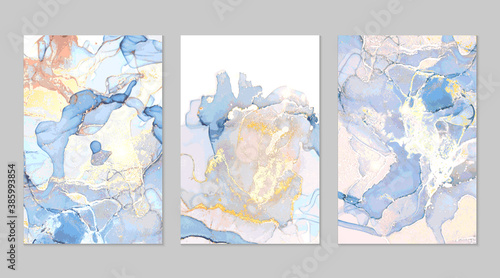 Blue, pink and gold marble abstract backgrounds in alcohol ink technique. Set of vector stone textures. Modern paint with glitter. Template for banner, poster design. Fluid art painting