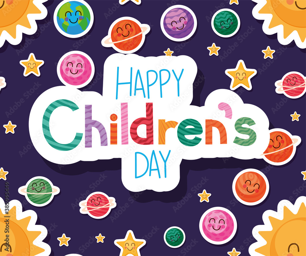 Happy childrens day with space cartoons background vector design