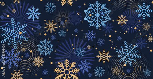 Winter night blue background with falling snow. Christmas and New Year festive design with seamless pattern made of beautiful snowflakes in modern line art style. Xmas decoration. Vector illustration.