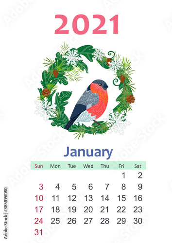 Bird calendar 2021. winter floral wreath with bullfinch and snow