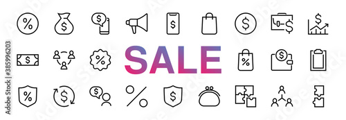 Set of business vector line icons. It contains user symbols, dollar pictograms, gears, briefcase, puzzles, envelope, percentage, messages, schedule, and more. Editable Bar 480x480 pixels. black friday