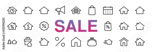 Simple set of line vector home icons. Contains house symbols at interest, infuse house and more. Editable stroke. 480x480 pixels perfect black friday