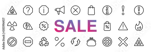 WARNINGS simple set of thin line vector icons. Contains icons such as warning, exclamation mark, reuse, warning sign and more. Editable stroke. Vector illustration black friday