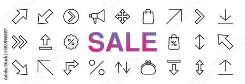 Set of line arrows, directions, arrows, contains icons such as pause, continuation, directly, to the right, Editable stroke. 480x480, On a white background, Vector illustration black friday