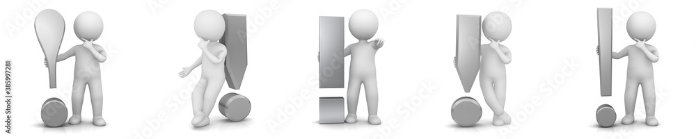 Exclamation mark Exclamation point 3d silver advice sign symbol white stickman isolated on white background Exclamation mark Exclamation point 3d silver advice sign symbol white stickman isolated on white background
