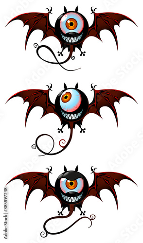 horrible one-eyed monsters with wings for Halloween. round, one-eyed, with webbed wings and tail. Vector image on a white background, isolated. Cartoon.