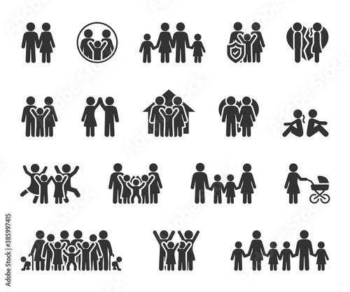 Vector set of family flat icons. Contains icons couple in love, large family, divorce, quarrel, happy family, big family and more. Pixel perfect.