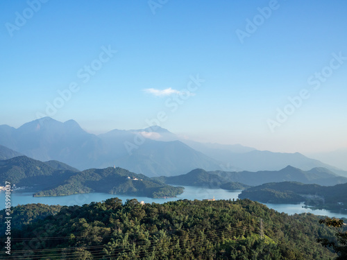 View of beatuful lake from the mountain at sunset time, Sun Moon Lake, Taiwan.
