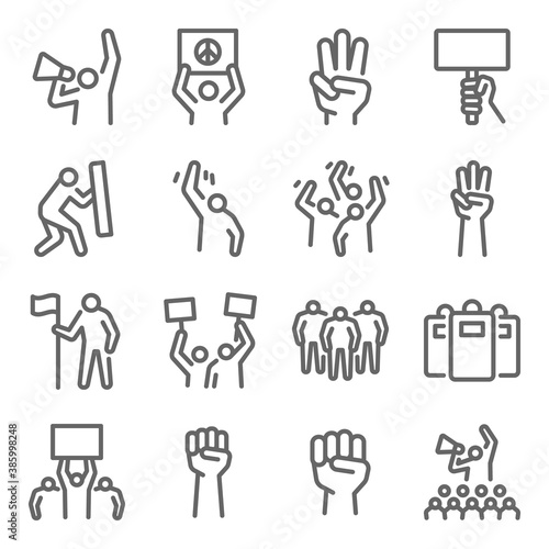 Protest Mob icon illustration vector set. Contains such icon as Resist, mob, police, protester, strike, activism, and more. Expanded Stroke