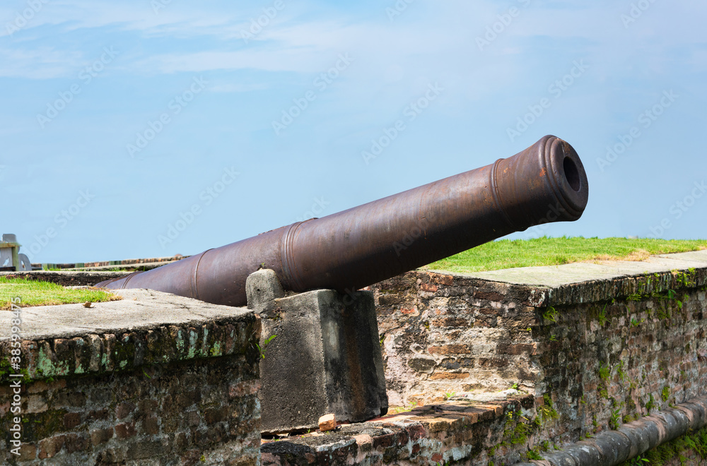 Antique cannon on the wall of Fort Cornwallis. Penang Island. Malaysia