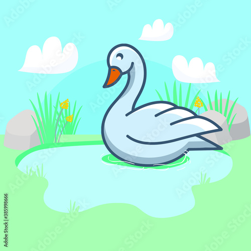 Flat design duck and ducklings on water background