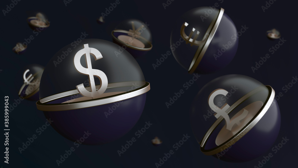 Dollar symbol in a blue sphere with a transparent top, surrounded by symbols of other currencies - the euro, yen, British pound on a dark blue background. 3D. Finance. Forex trading concept. Dollar symbol in a blue sphere with a transparent top, surrounded by symbols of other currencies - the euro, yen, British pound on a dark blue background. 3D. Finance. Forex trading concept.