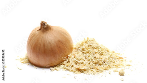 Pile dry chopped onion and fresh half onion isolated on white background 