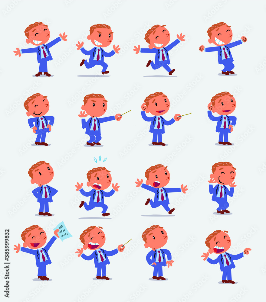 Cartoon character businessman in smart casual style. Set with different postures, attitudes and poses, doing different activities in isolated vector illustrations Cartoon character businessman in smart casual style. Set with different postures, attitudes and poses, doing different activities in isolated vector illustrations