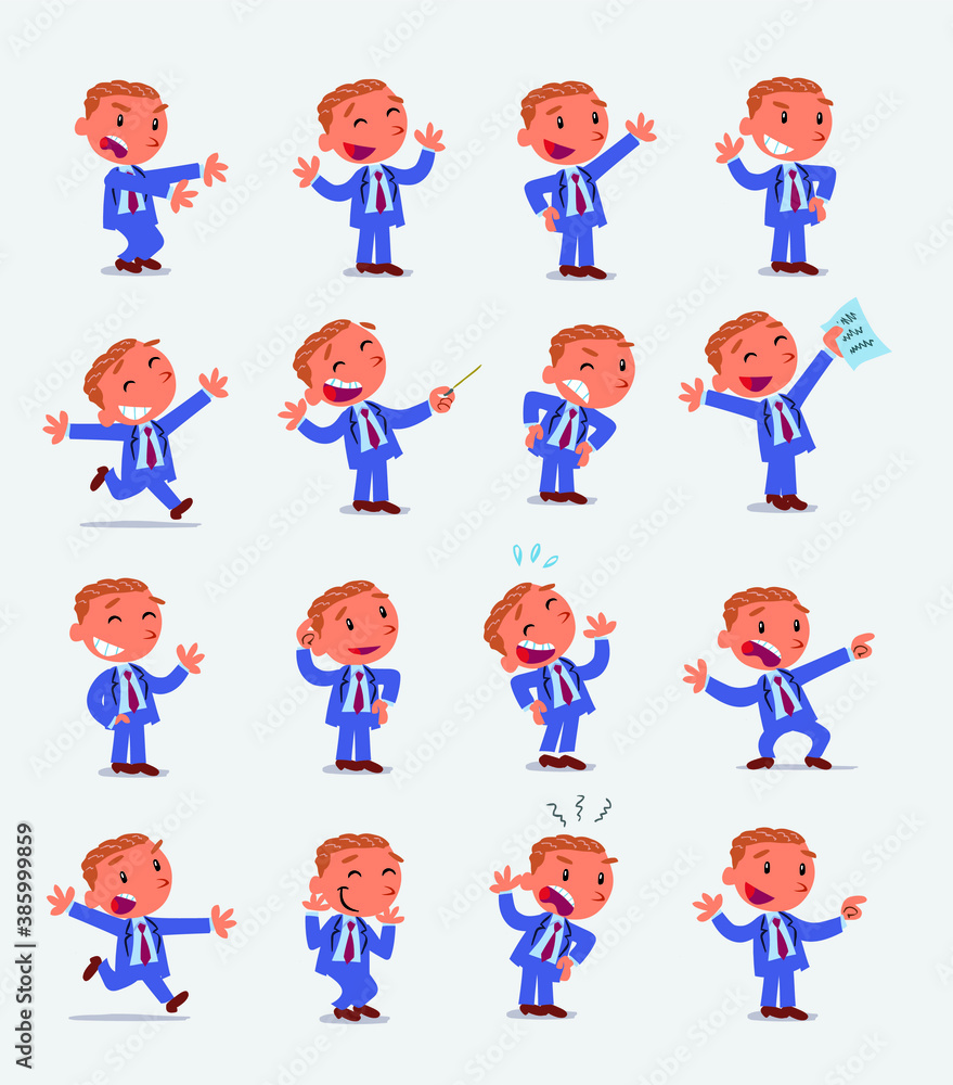 Cartoon character businessman in smart casual style. Set with different postures, attitudes and poses, doing different activities in isolated vector illustrations