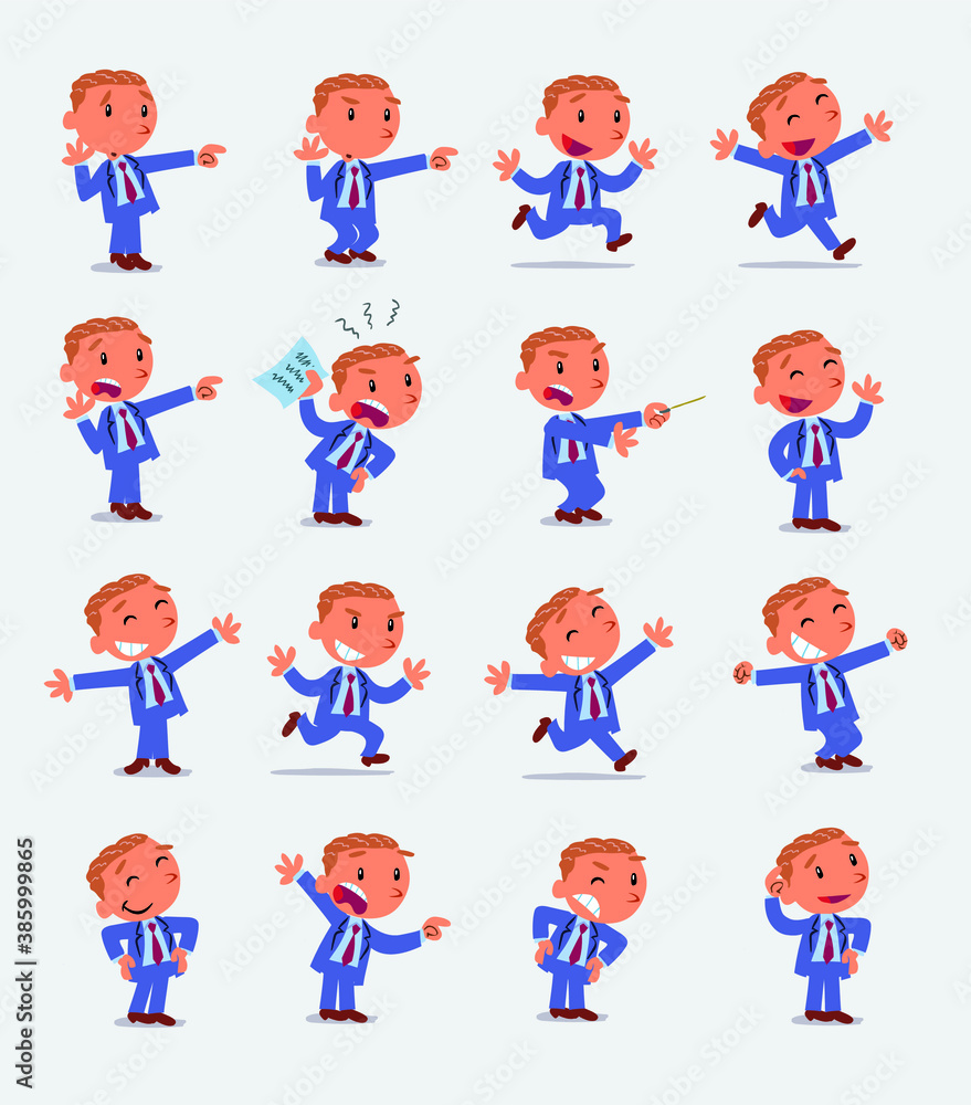 Cartoon character businessman in smart casual style. Set with different postures, attitudes and poses, doing different activities in isolated vector illustrations