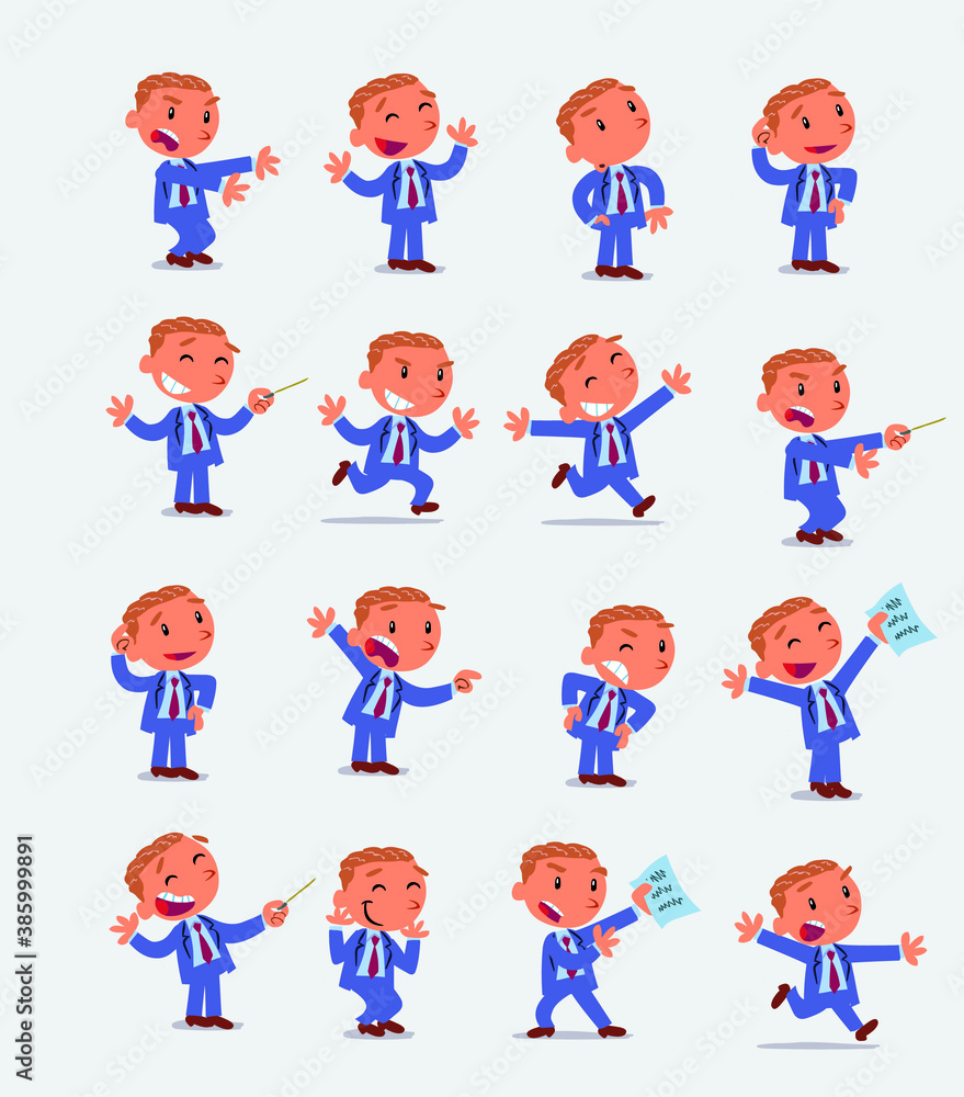 Cartoon character businessman in smart casual style. Set with different postures, attitudes and poses, doing different activities in isolated vector illustrations Cartoon character businessman in smart casual style. Set with different postures, attitudes and poses, doing different activities in isolated vector illustrations
