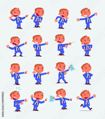 Cartoon character businessman in smart casual style. Set with different postures, attitudes and poses, doing different activities in isolated vector illustrations