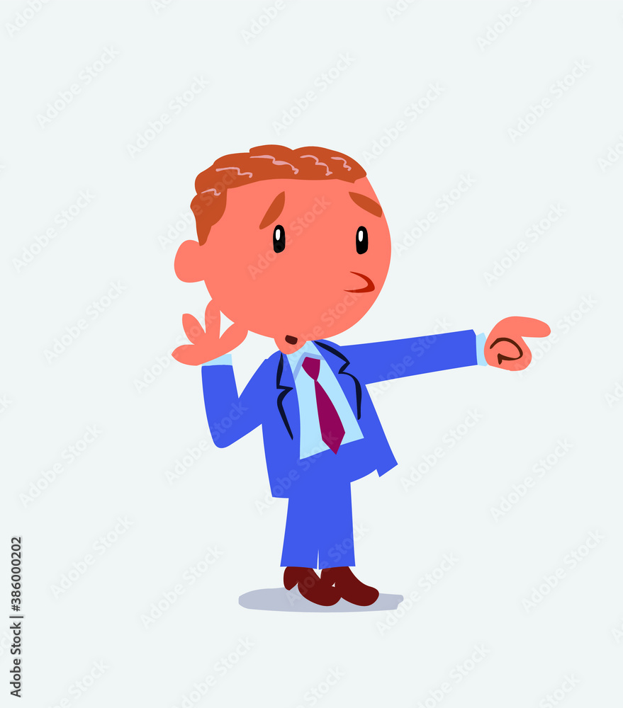 Surprised cartoon character of businessman points to something to his side Surprised cartoon character of businessman points to something to his side