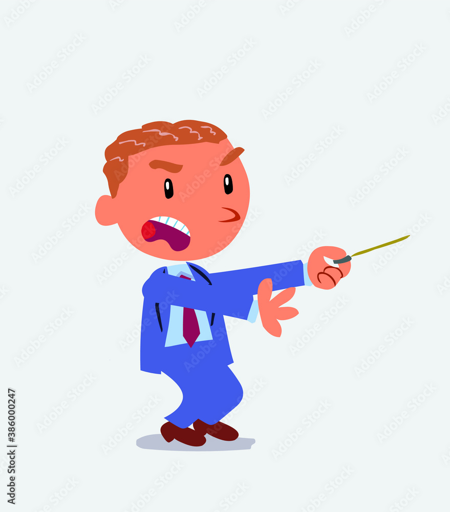 angry cartoon character of businessman with pointer points to the side