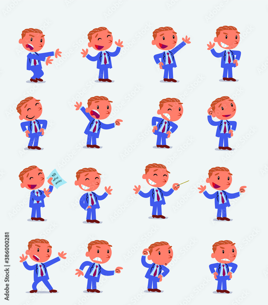 Cartoon character businessman in smart casual style. Set with different postures, attitudes and poses, doing different activities in isolated vector illustrations Cartoon character businessman in smart casual style. Set with different postures, attitudes and poses, doing different activities in isolated vector illustrations