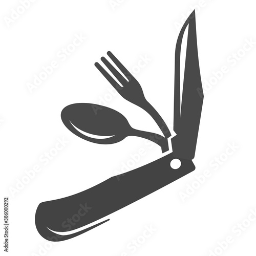 Jackknife kit bold black silhouette icon isolated on white. Survival set with knife, fork, spoon pictogram.