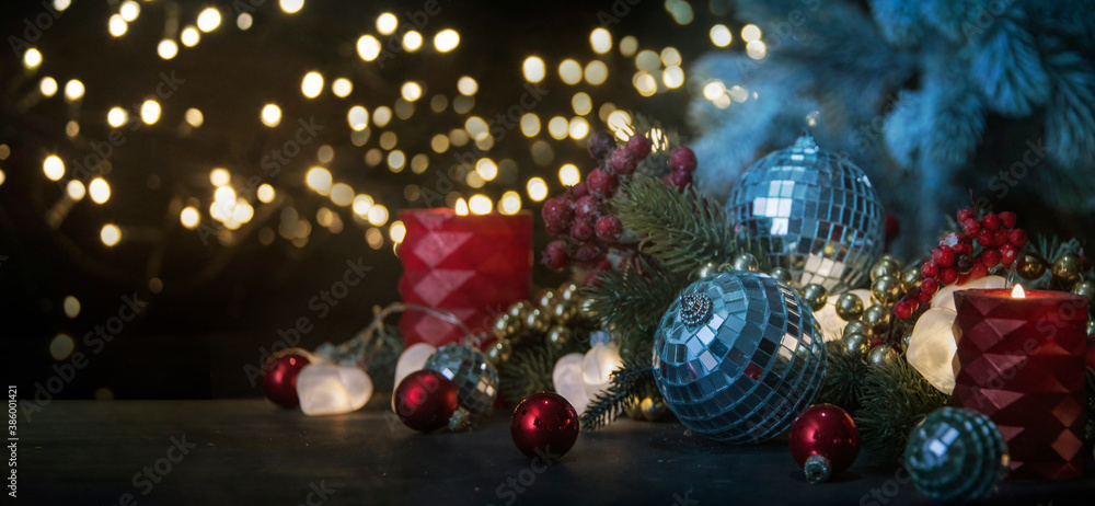 Merry Christmas and Happy New Year, Holidays greeting card with blurred bokeh background Merry Christmas and Happy New Year, Holidays greeting card with blurred bokeh background