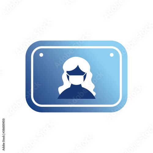 woman with mask in road sign gradient style icon vector design