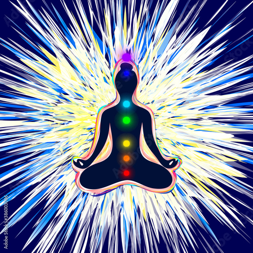 The aura of the body. The chakral system. Lotus position. The etheric, emotional, metallic, astral, celestial, and causal layers. Vector