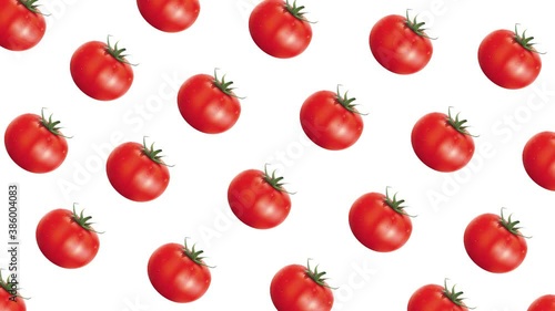 Vegan art minimal animation background. Red fresh tomato pattern popping up motion isolated on white. Healthy culinary ingredient food creative decorative banner.
