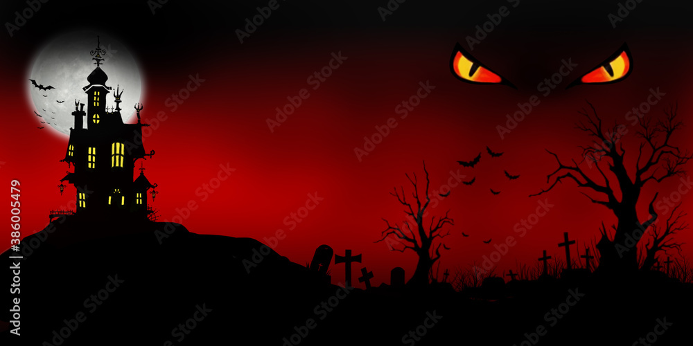 Halloween night background with moon, castle, tree, bats and eye in Fantasy Night.
