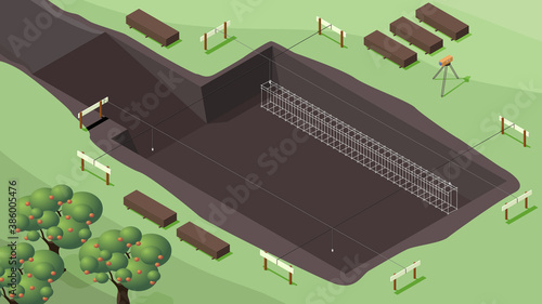 construction phase. reinforcement of foundation. formwork installation.