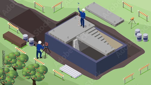 construction phase. Hollow-core floor slabs installation. basement waterproofing.